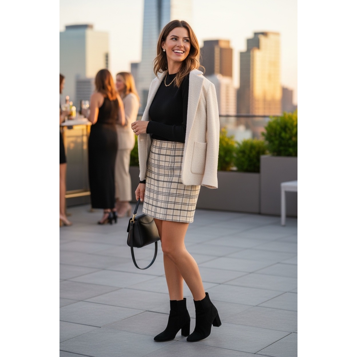 St. John Collection Knit Skirt 16 Cream Black Plaid Marie Gray Pencil Mini